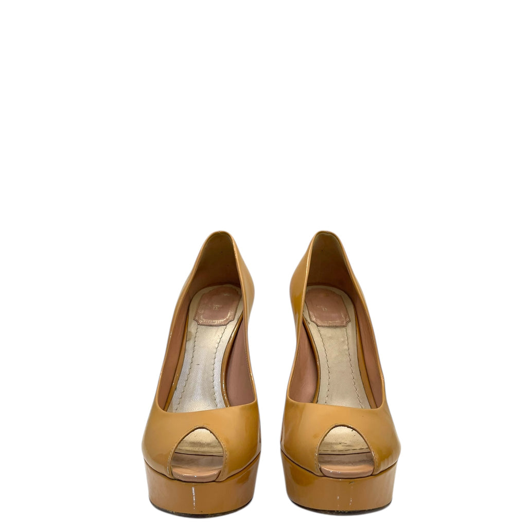 Christian Dior Peep Toe Platform Pumps Beige Patent Leather EU 38