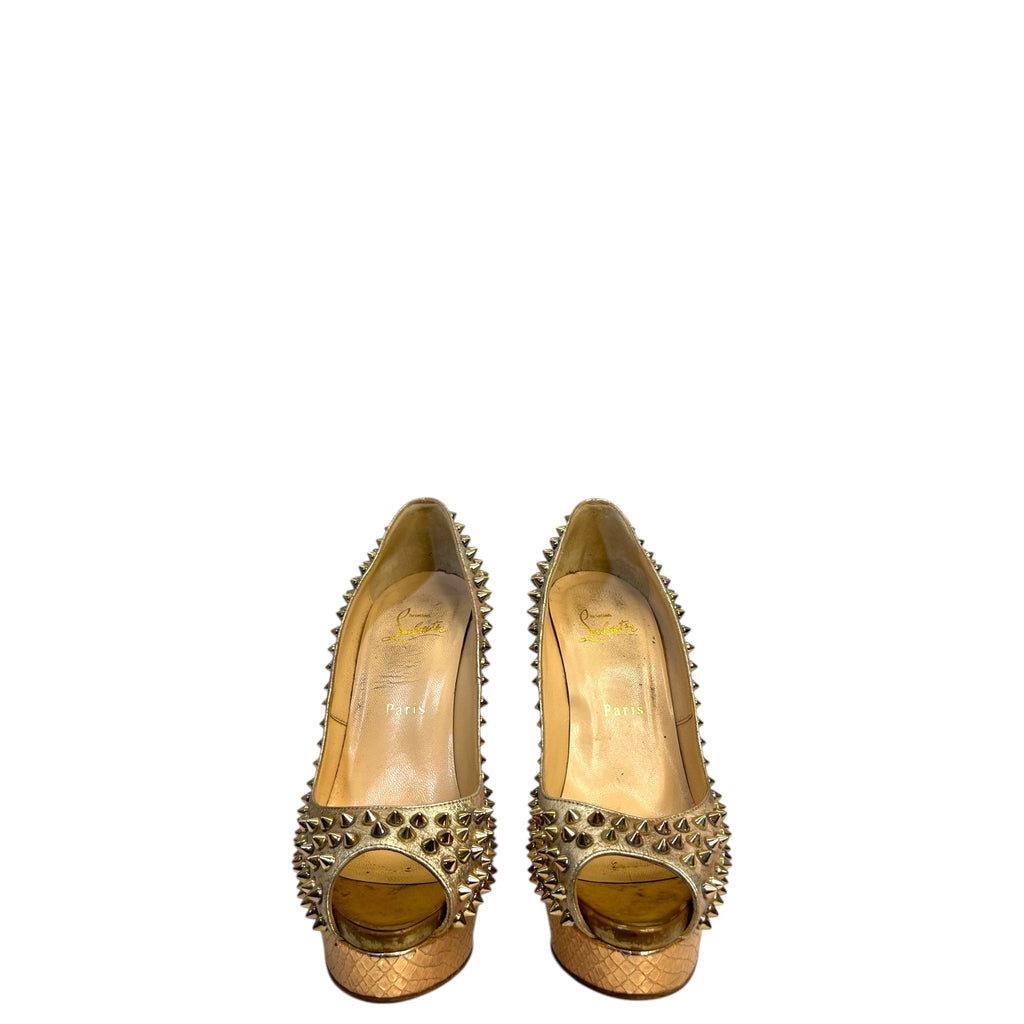 Christian Louboutin Lady Peep Toe Spikes Gold Python Leather Platform Pumps EU 38