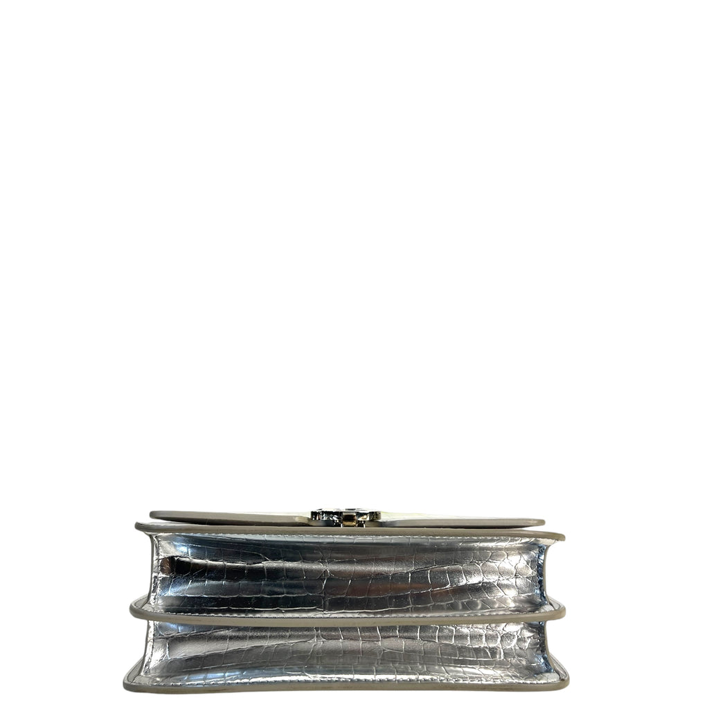 Burberry TB Small Silver Croc Embossed Shoulder Bag