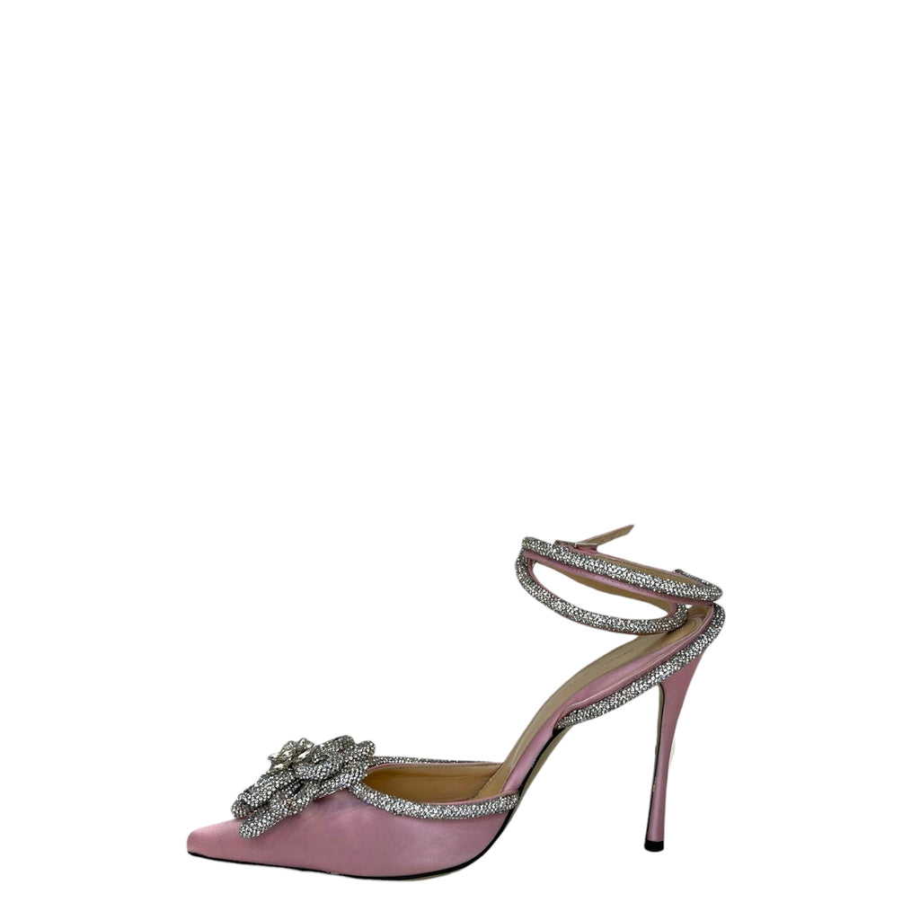 Mach & Mach Pink Satin Crystal-Embellished Double Bow Pumps EU 38