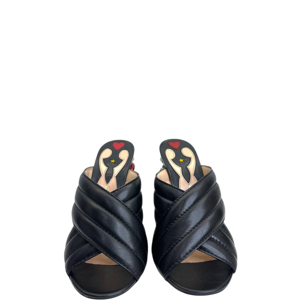 Gucci Webby Slide Sandal Black Quilted Leather Snake Embellished EU 38