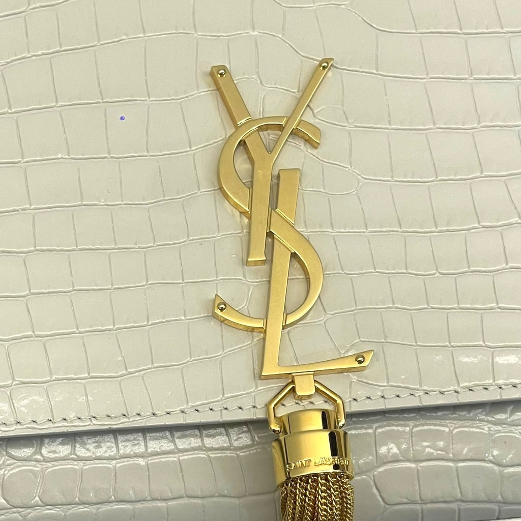 Saint Laurent White Croc Embossed Leather Small Kate Tassel Crossbody Bag