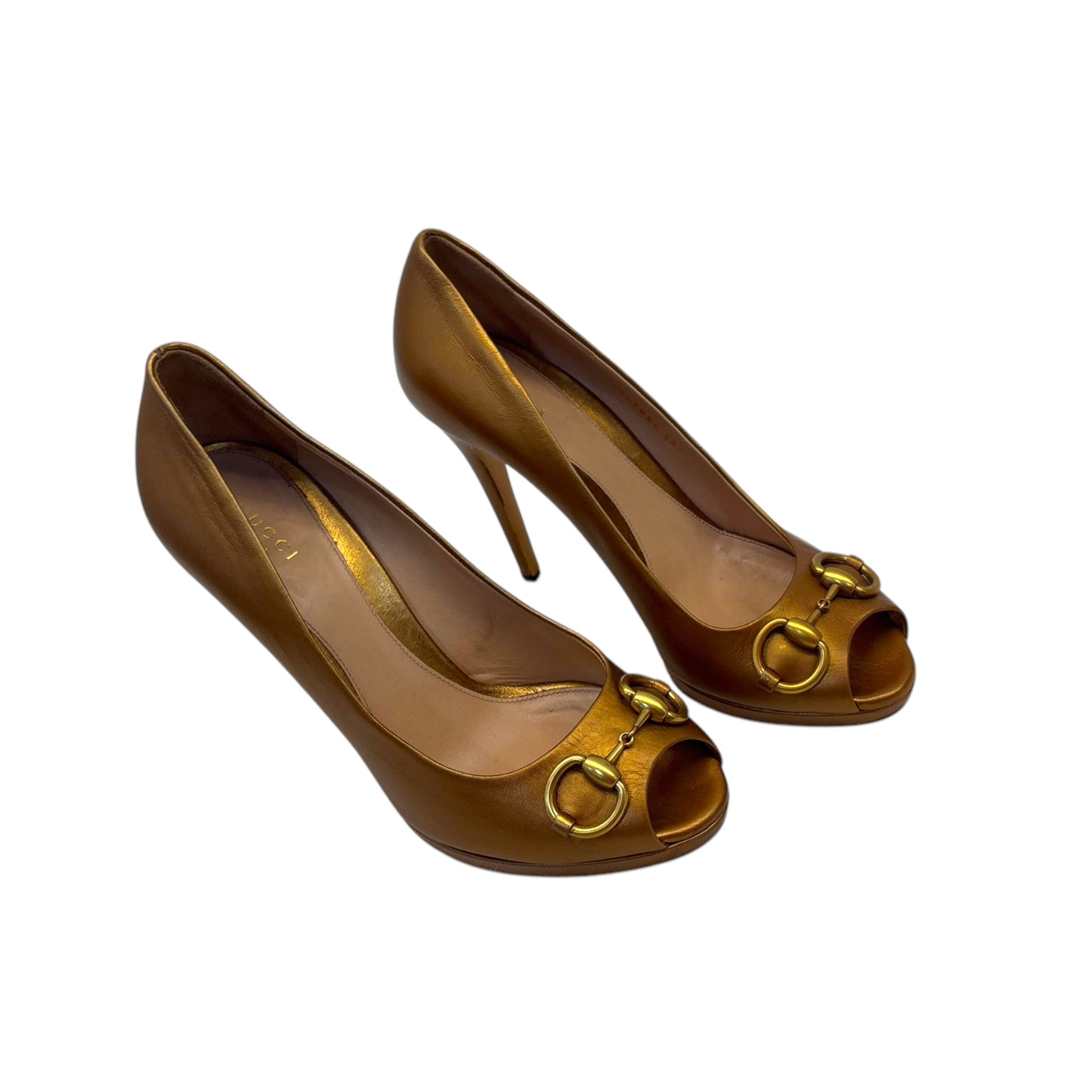 Gucci Metallic Leather Horsebit Peep Toe Platform Pumps Size EU 38.5