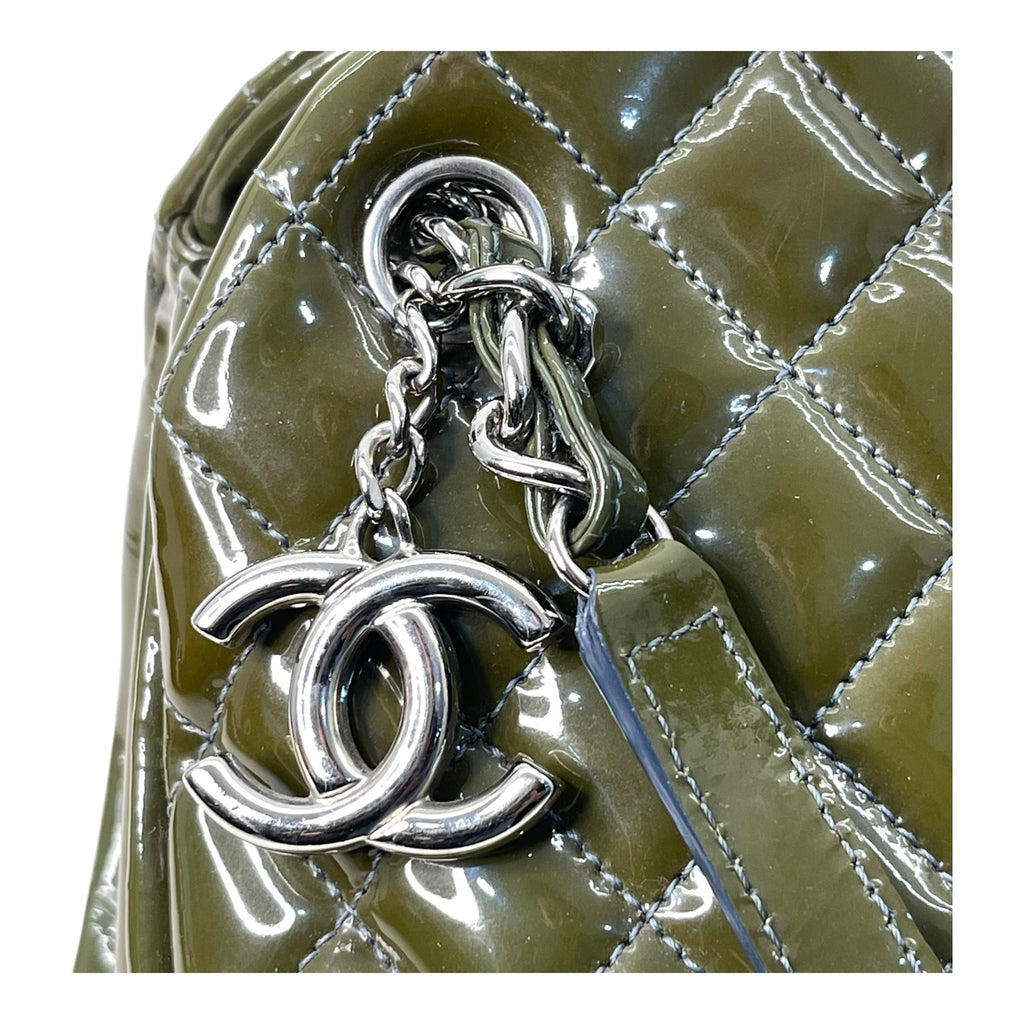 Chanel Moose Green Quilted Patent Leather Large Just Mademoiselle Bowling Bag