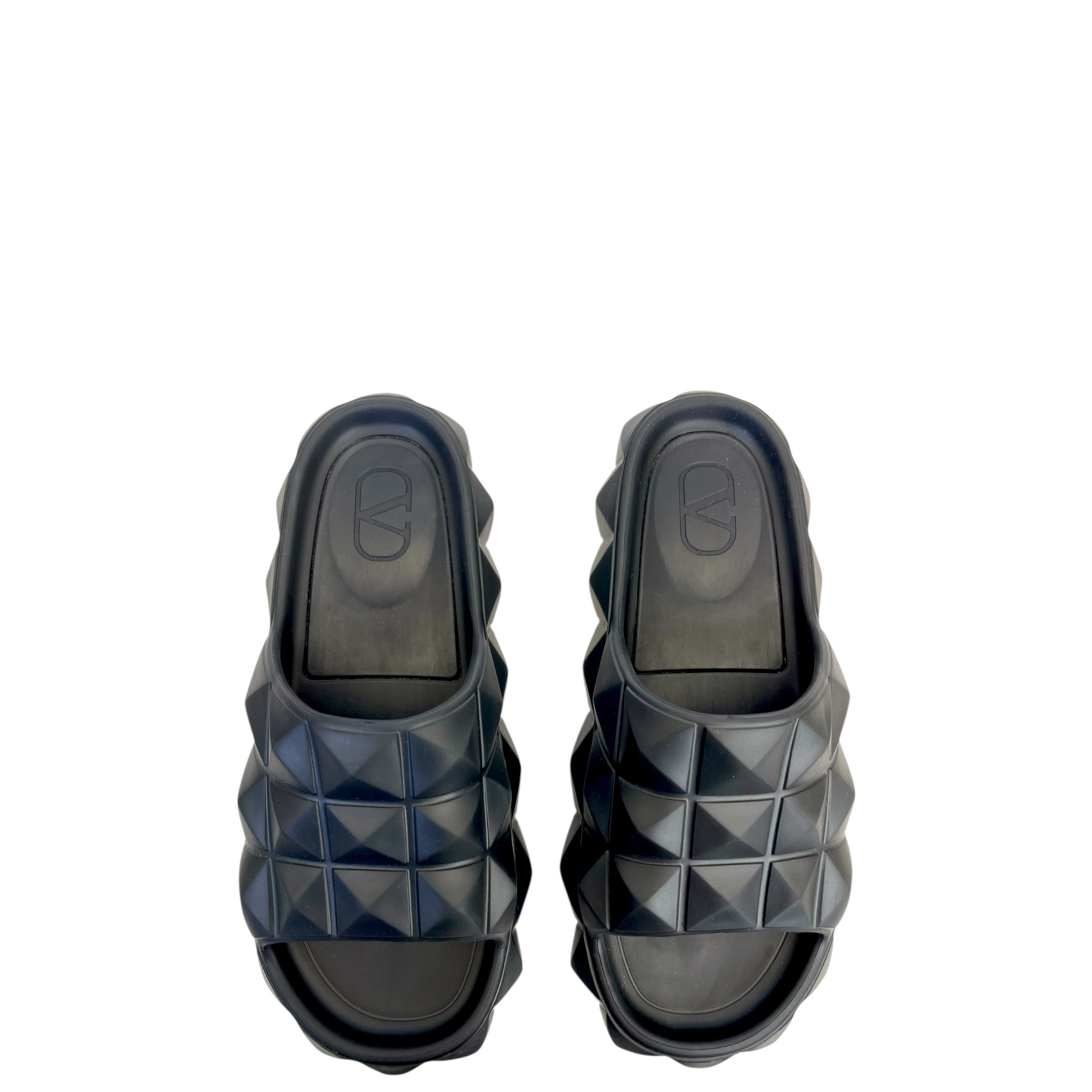 Valentino Roman Stud Turtle Flat Black Rubber Slides EU 38