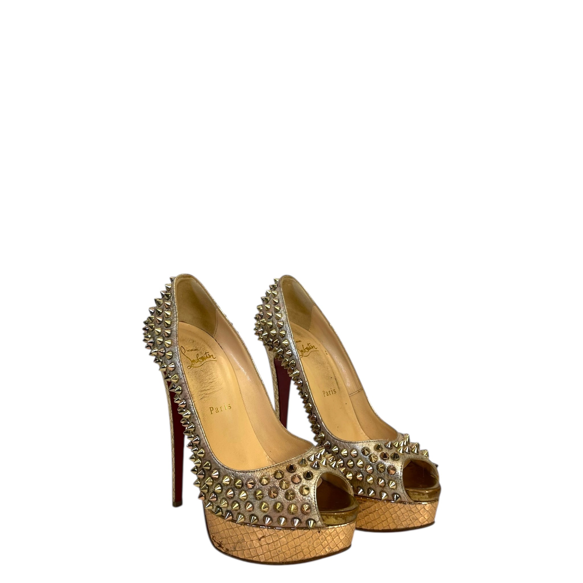 Christian Louboutin Lady Peep Toe Spikes Gold Python Leather Platform Pumps EU 38