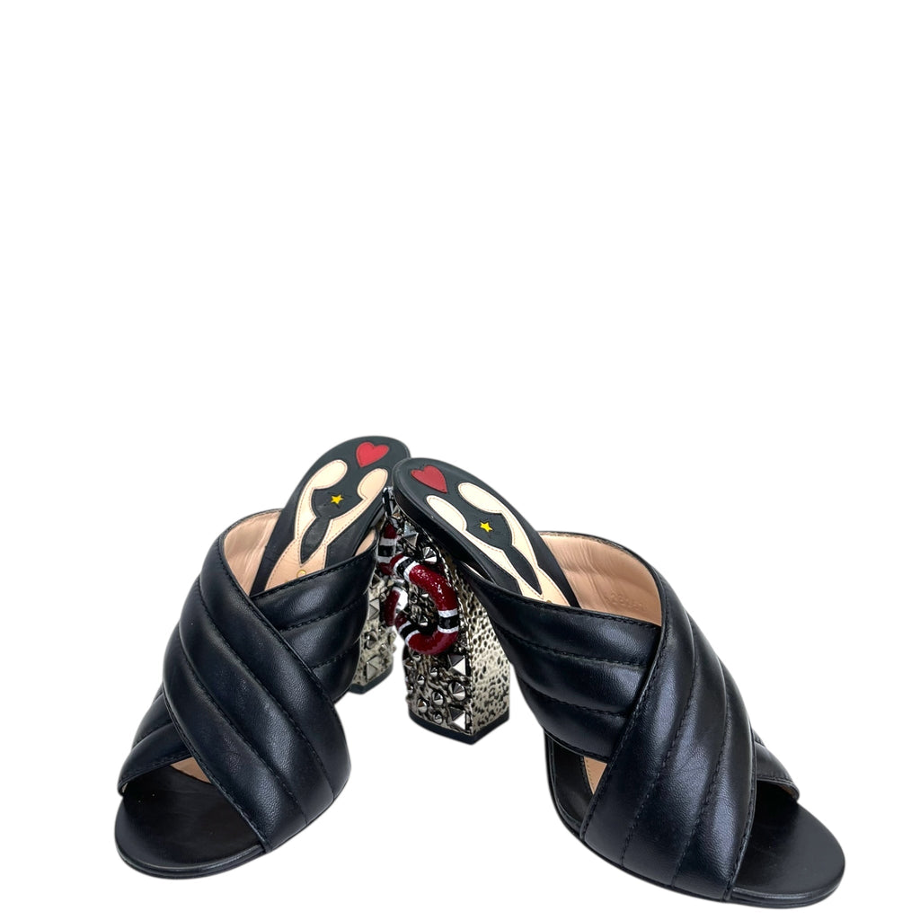Gucci Webby Slide Sandal Black Quilted Leather Snake Embellished EU 38