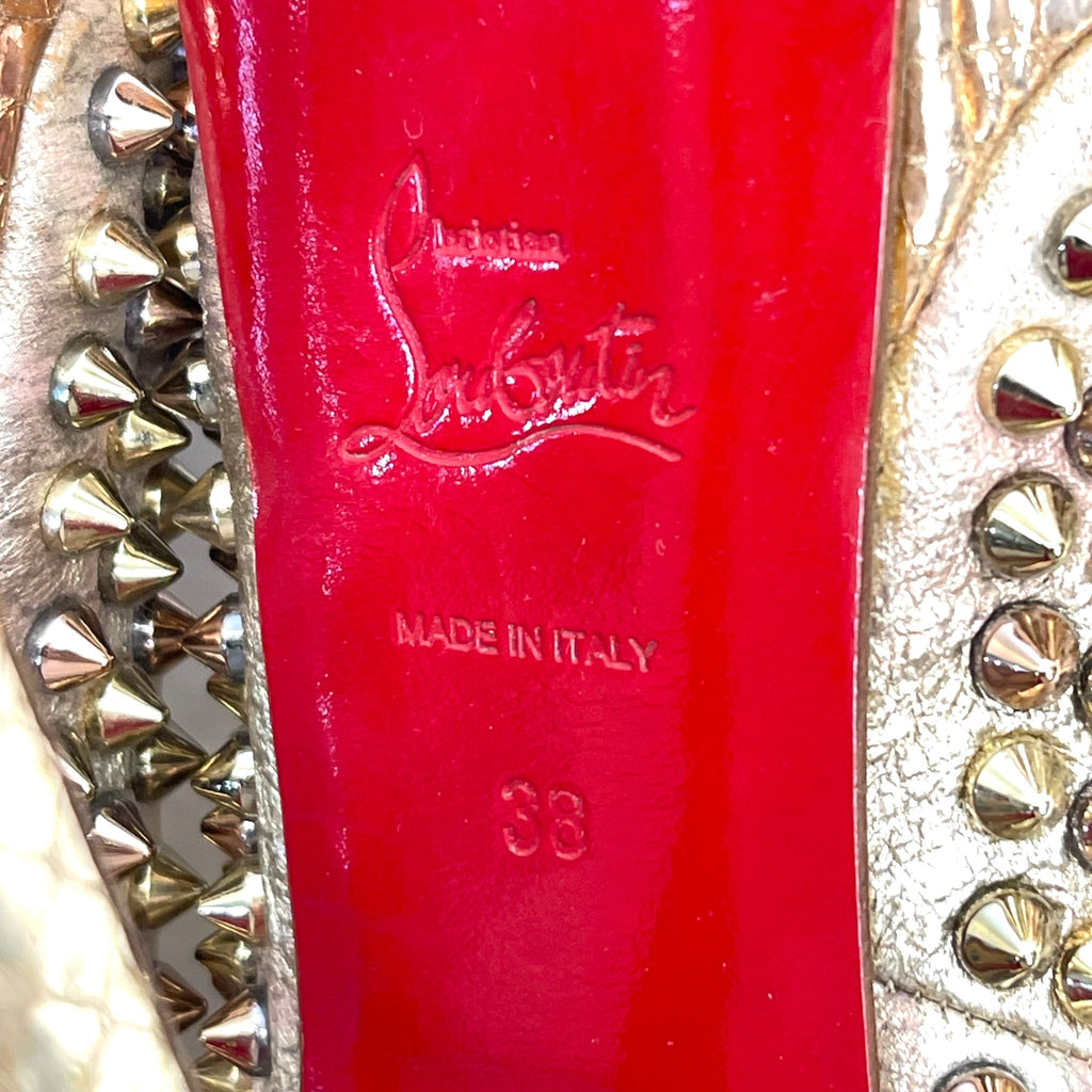 Christian Louboutin Lady Peep Toe Spikes Gold Python Leather Platform Pumps EU 38