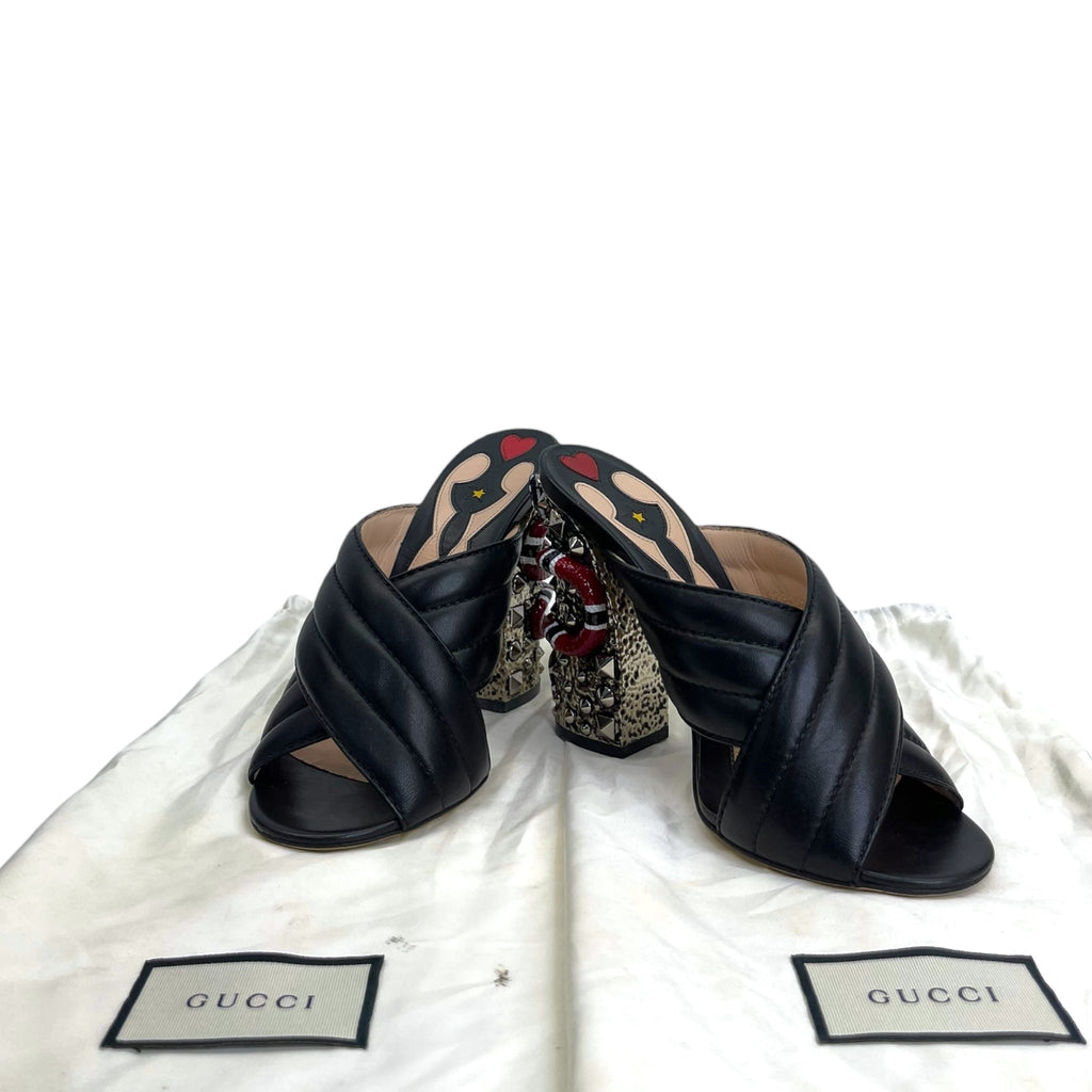 Gucci Webby Slide Sandal Black Quilted Leather Snake Embellished EU 38