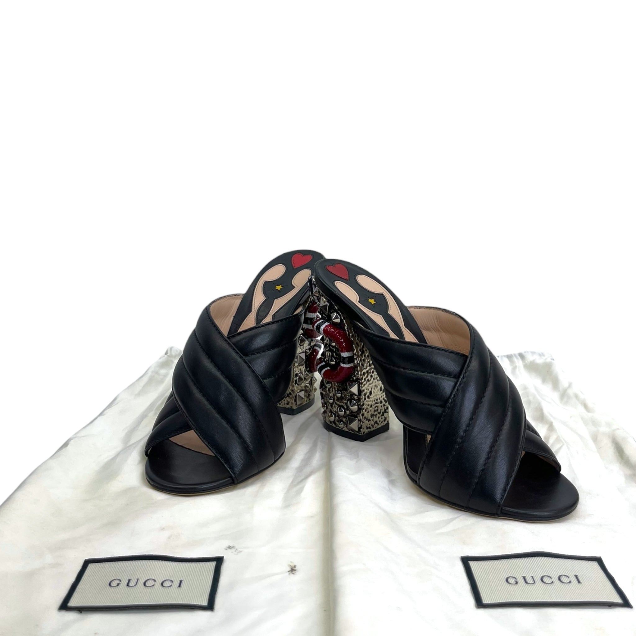 Gucci Webby Slide Sandal Black Quilted Leather Snake Embellished EU 38