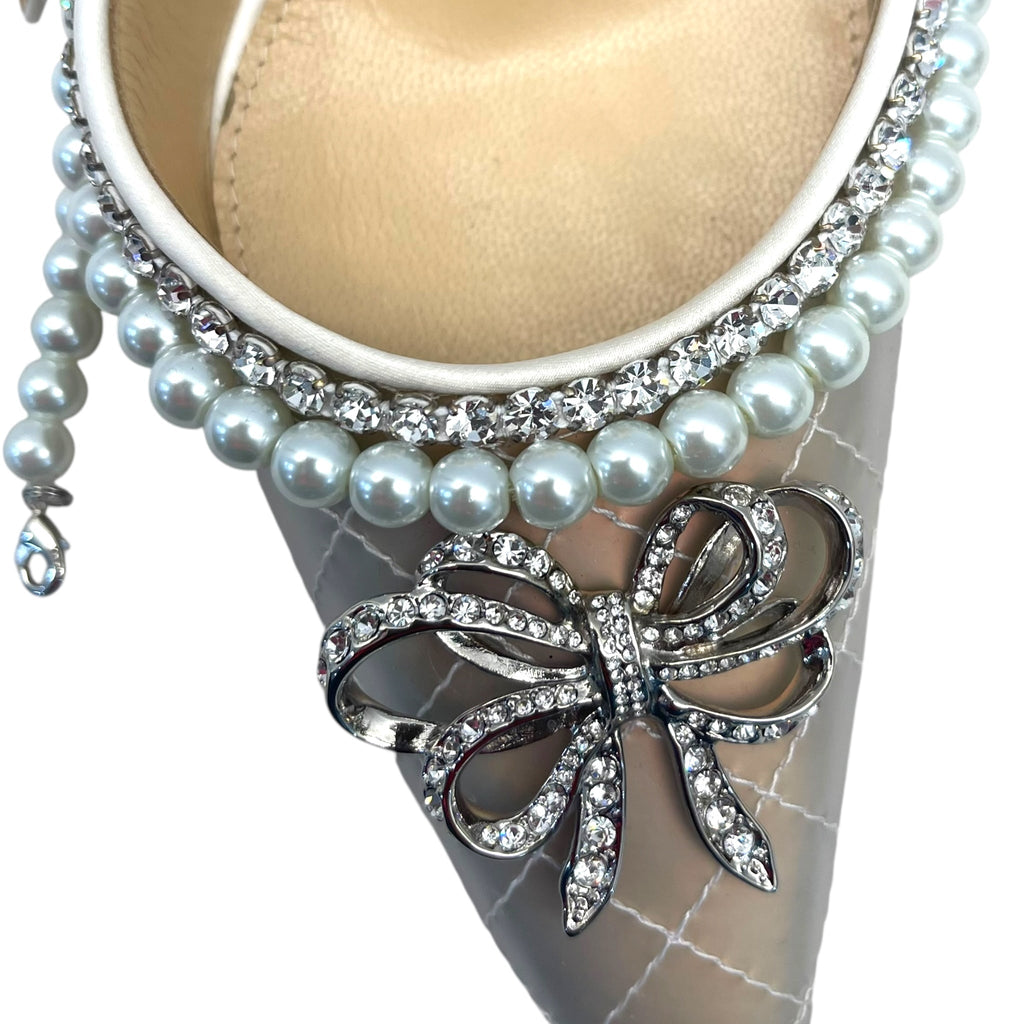 Mach & Mach Bow of Elizabeth Imitation Pearl Iridescent Pointed Toe Pump EU 39