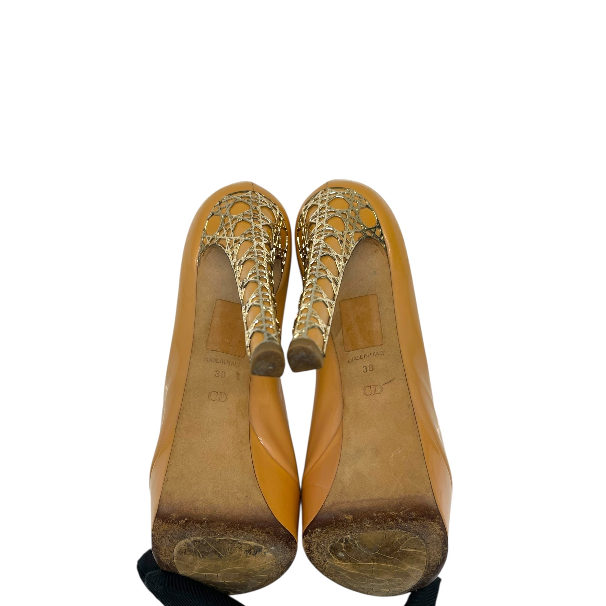 Christian Dior Peep Toe Platform Pumps Beige Patent Leather EU 38