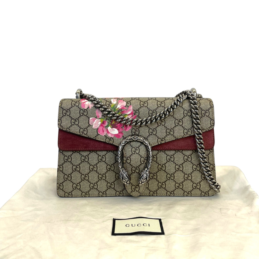 Gucci Dionysus Small Shoulder Bag GG Supreme Blooms Print Maroon Suede