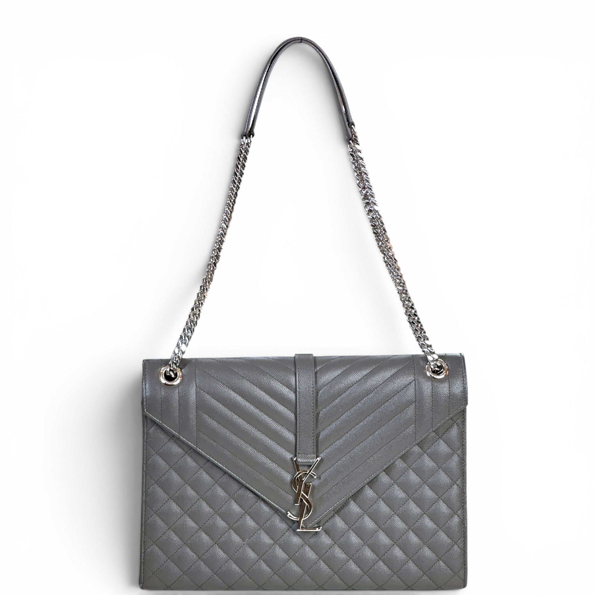 Saint Laurent Envelope Shoulder Bag Grey Quilted Grain De Poudre
