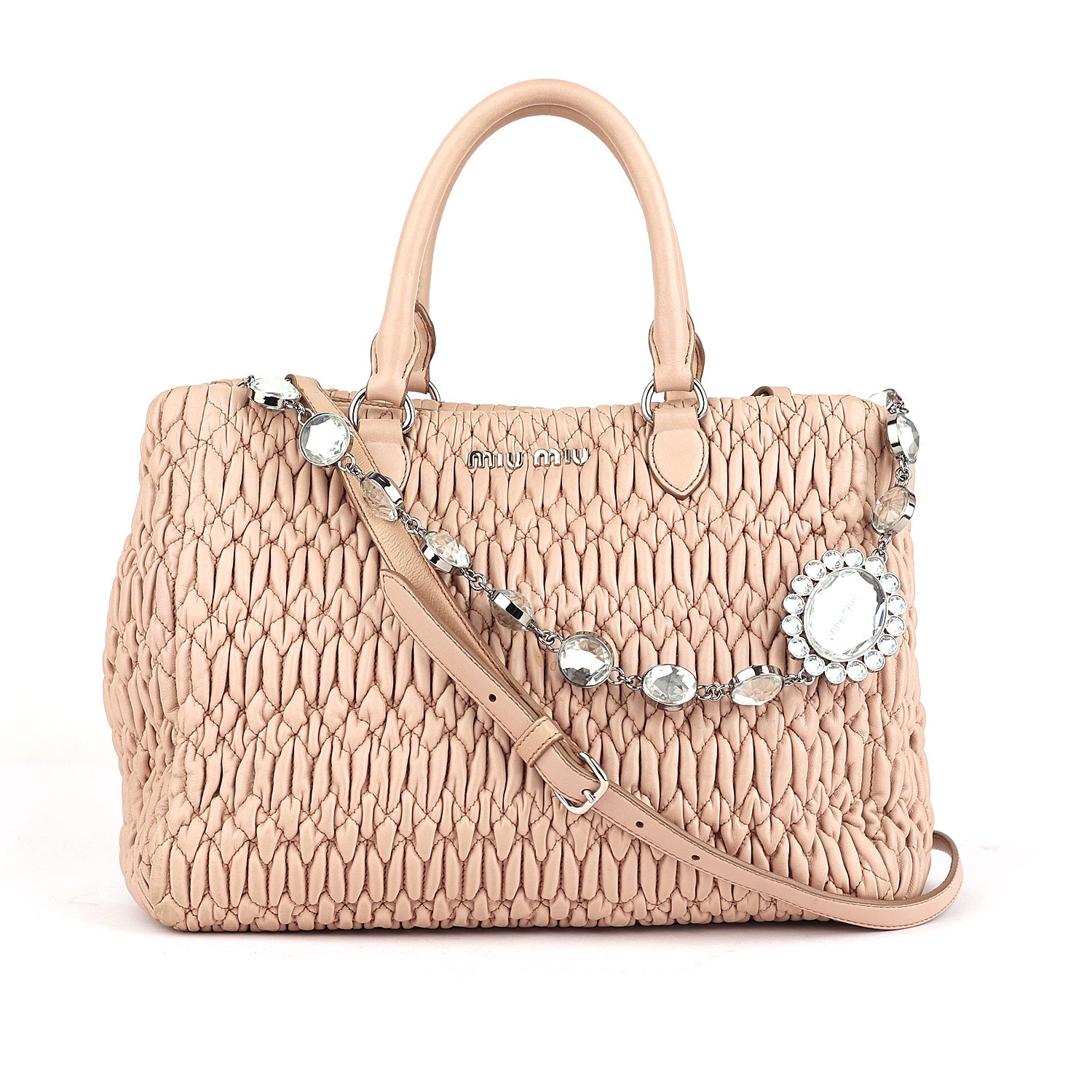 Miu Miu Pink Matelasse Nappa Leather Crystal Tote