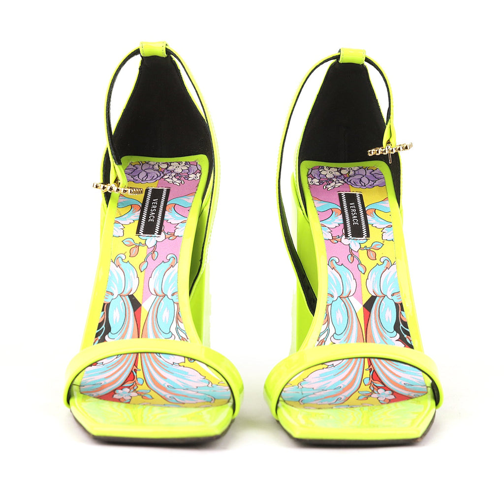 Versace Patent Leather Block-heel Sandals In Neon Yellow - Size EU 38.5