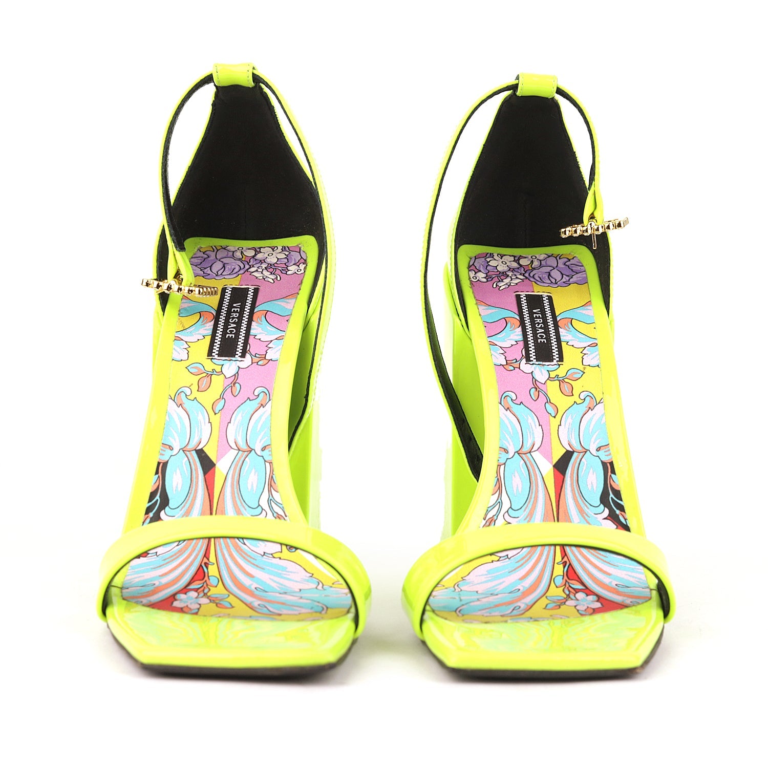 Versace Patent Leather Block-heel Sandals In Neon Yellow - Size EU 38.5
