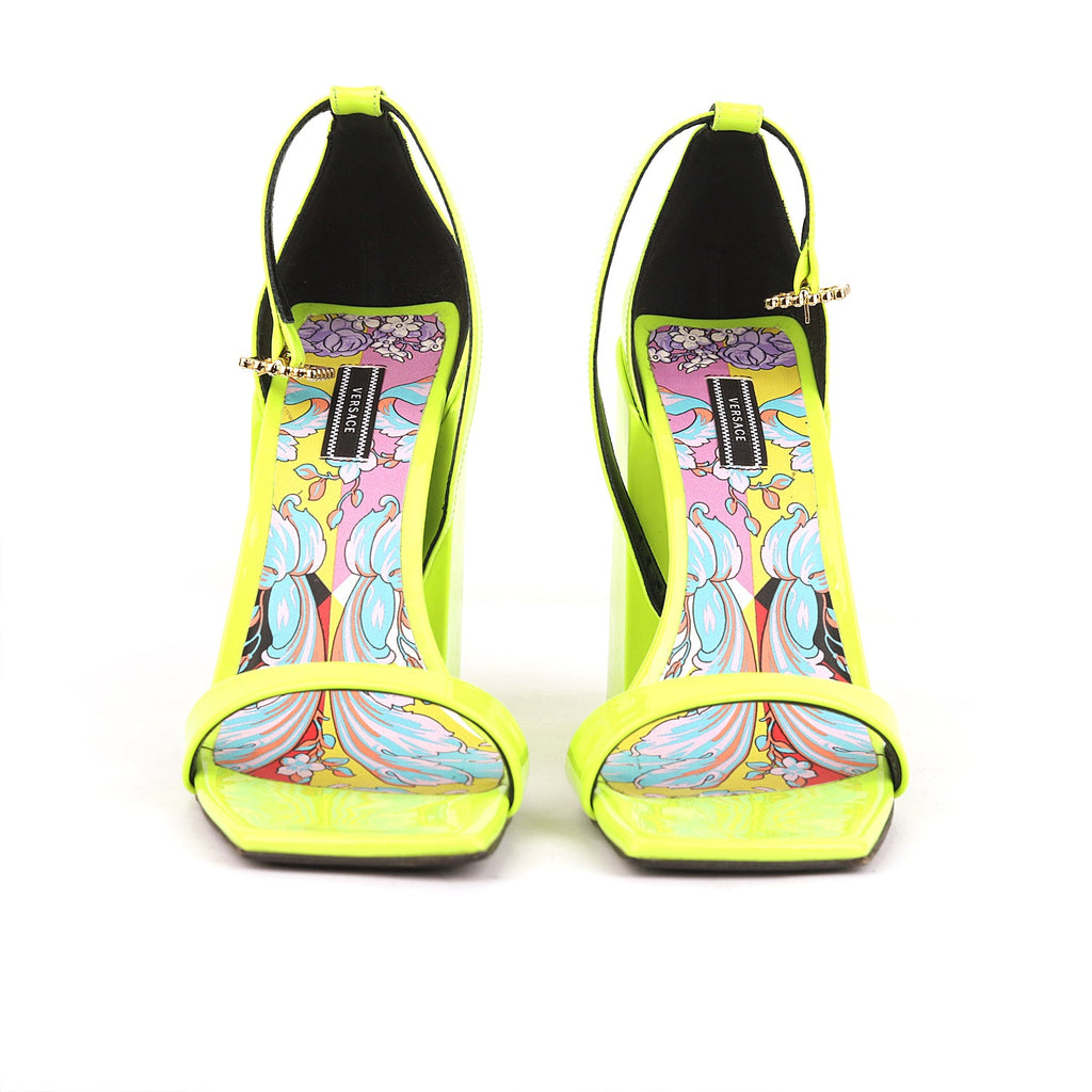 Versace Patent Leather Block-heel Sandals In Neon Yellow - Size EU 38.5