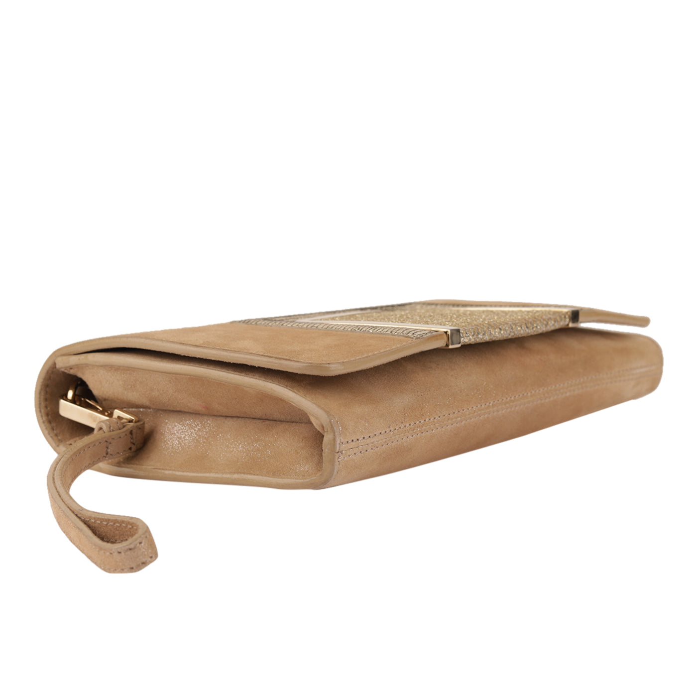 Jimmy Choo Gold Shimmer Suede Alara Wristlet Clutch