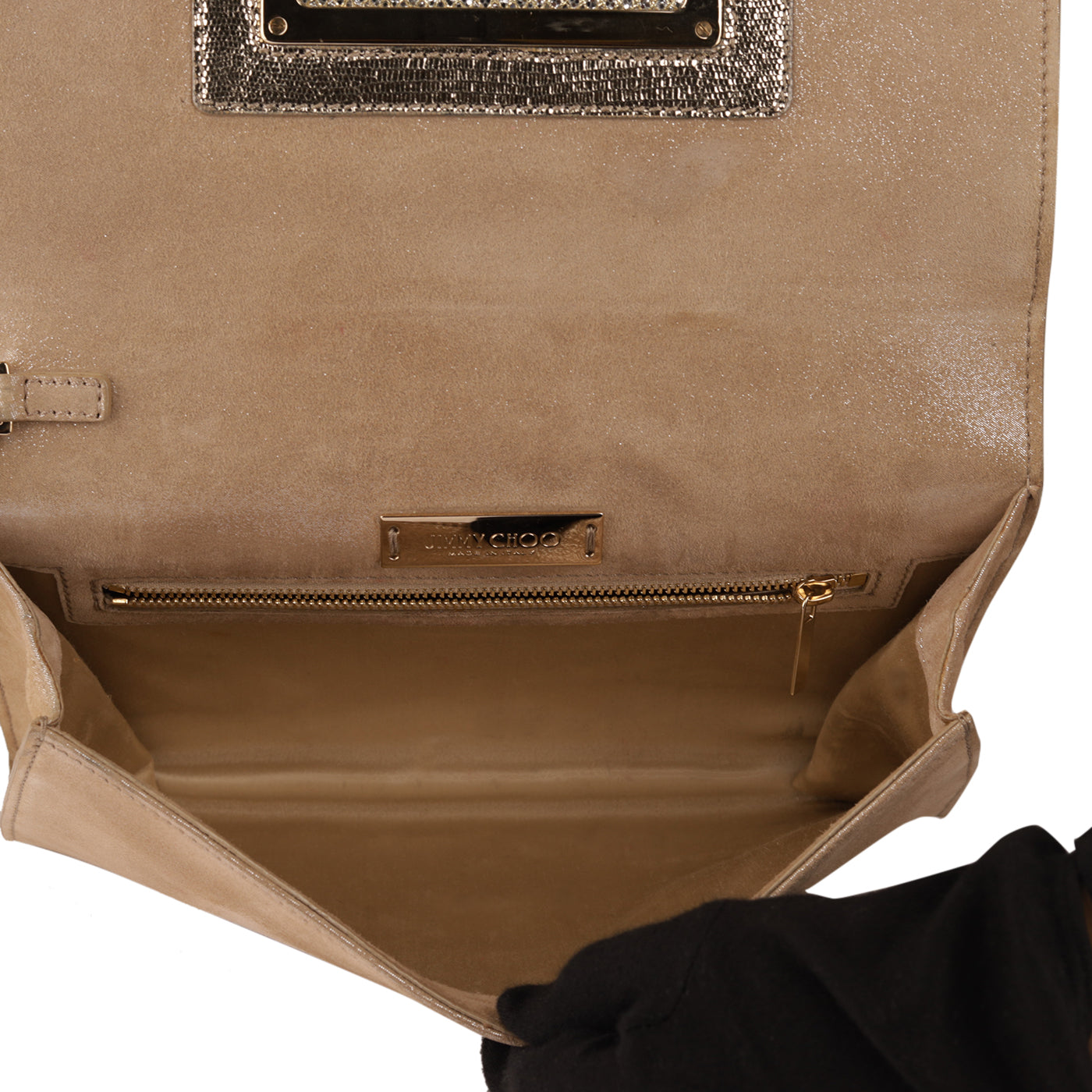 Jimmy Choo Gold Shimmer Suede Alara Wristlet Clutch